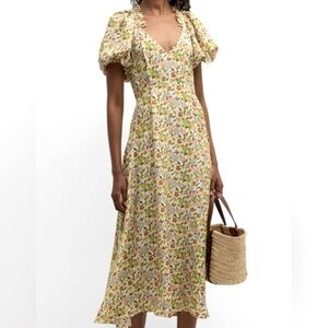 The Great 100% silk hyacinth puff sleeve midi maxi dress floral cottagecore 0